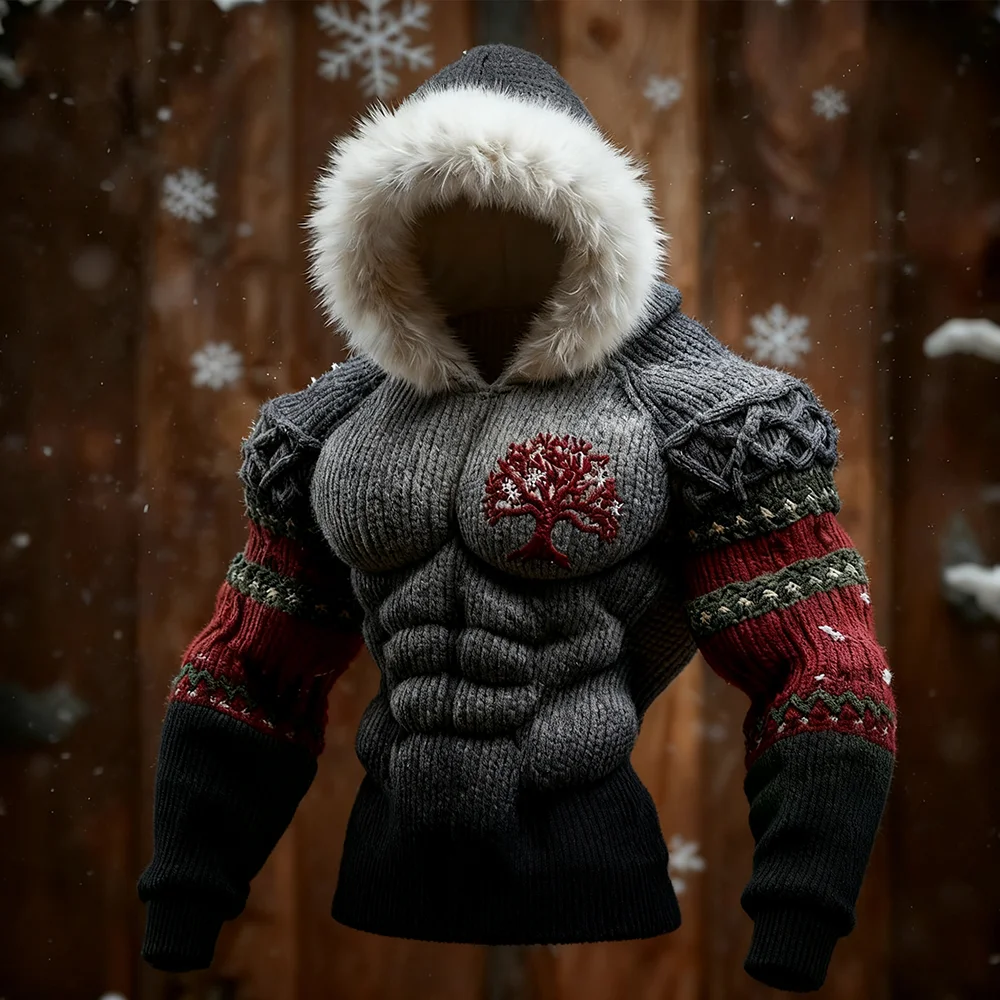 Men's Viking Tree of Life Christmas Cozy Knit Hooded Sweater - Image 2