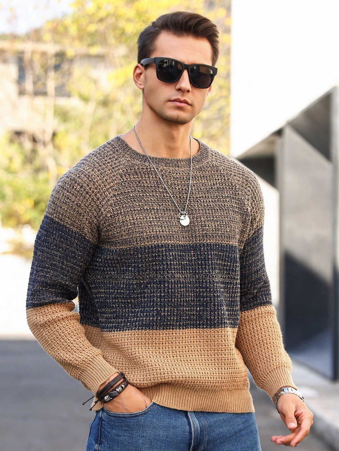 Men’s Color Block Sweater – Casual Round Neck Long Sleeve Style