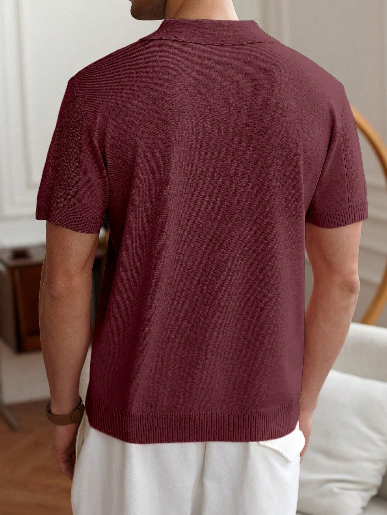 Men’s Burgundy Short-Sleeve Knit Polo – Minimalist Summer Buttoned Style - Image 4