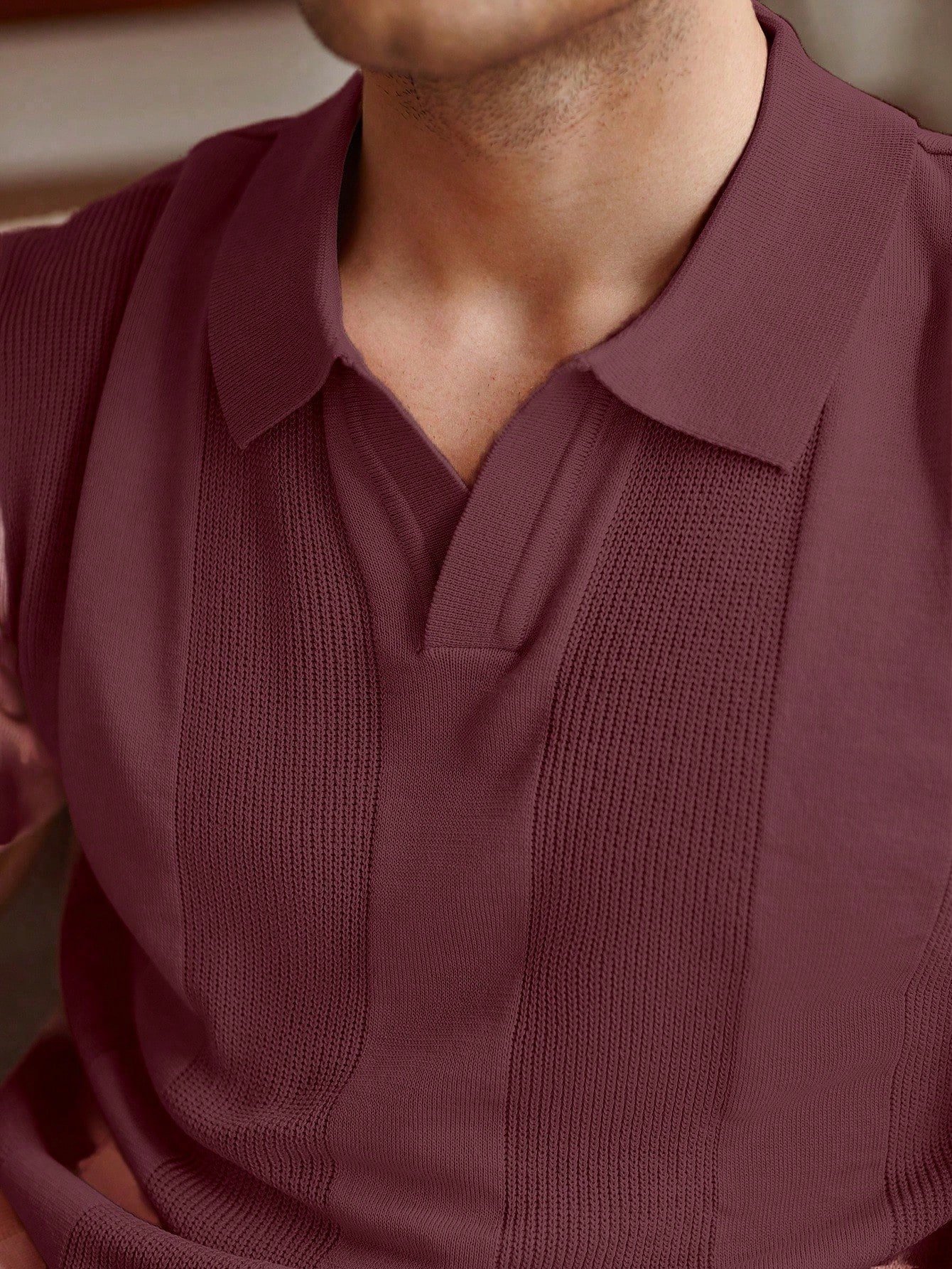 Men’s Burgundy Short-Sleeve Knit Polo – Minimalist Summer Buttoned Style - Image 5