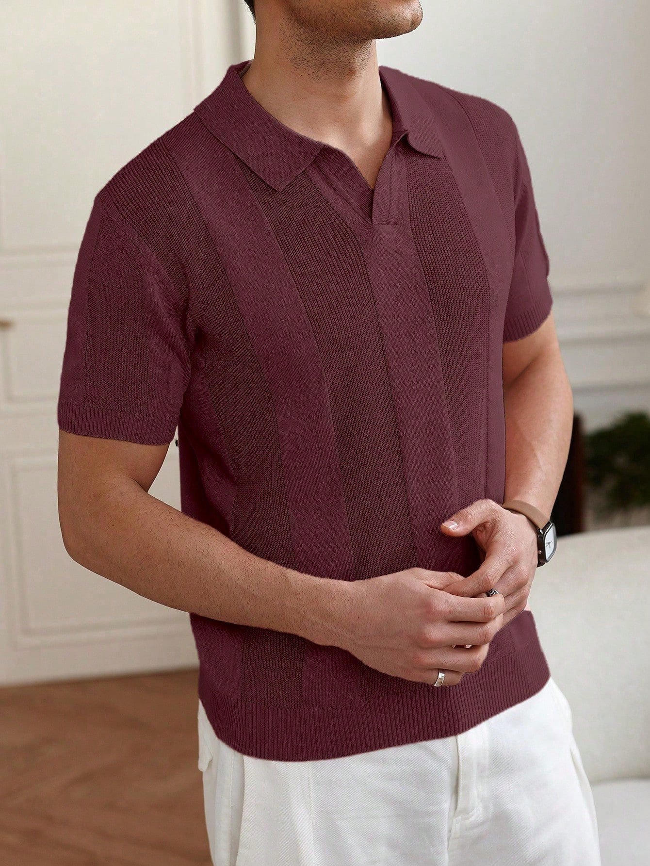 Men’s Burgundy Short-Sleeve Knit Polo – Minimalist Summer Buttoned Style - Image 2