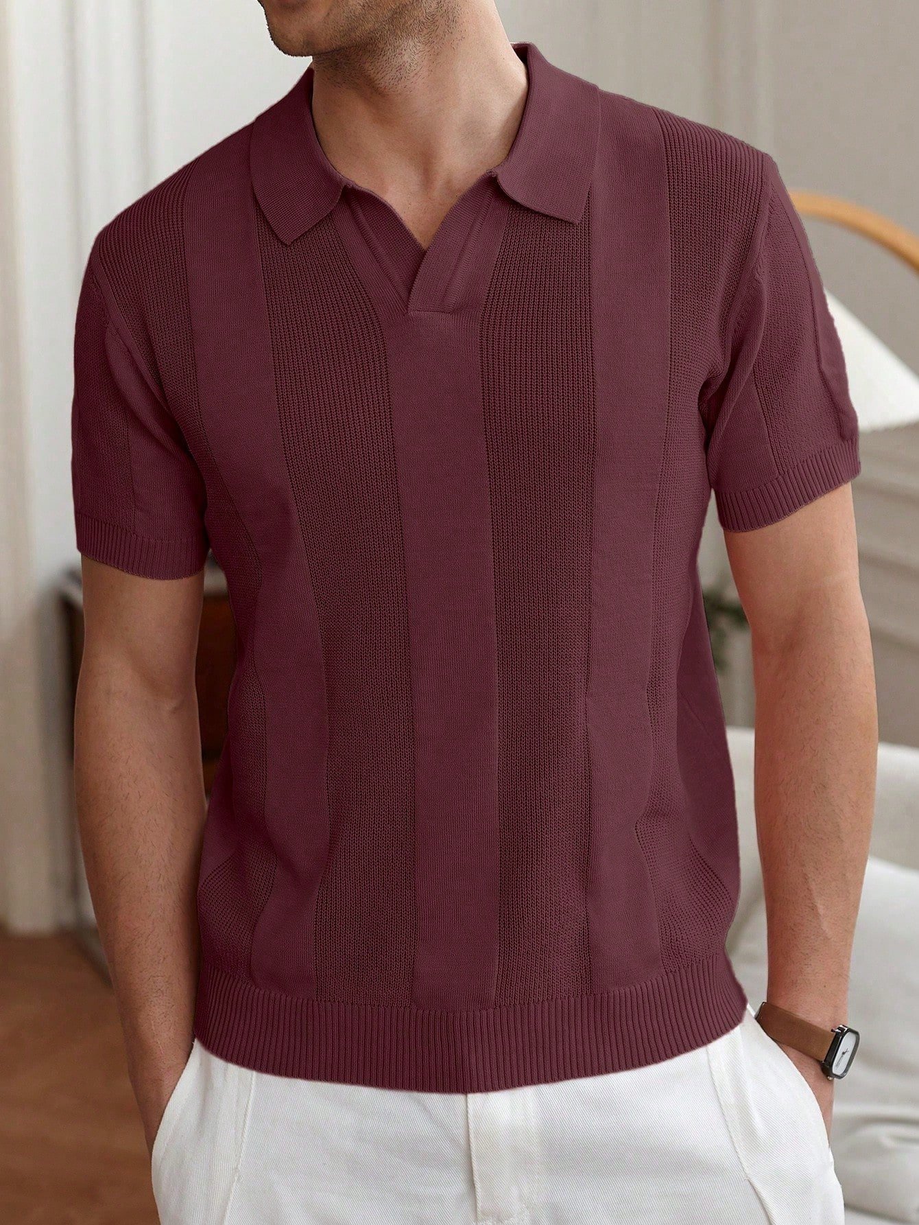 Men’s Burgundy Short-Sleeve Knit Polo – Minimalist Summer Buttoned Style - Image 3