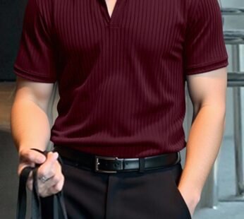 Men’s Striped Rib-Knit Burgundy Polo Shirt – Regular Fit Business Casual Style