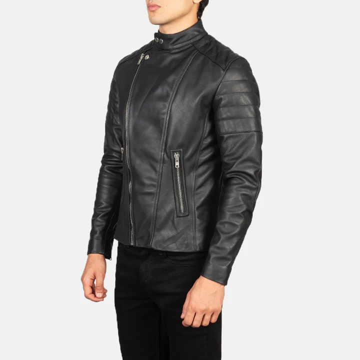 Men’s Faisor Black Leather Biker Jacket - Image 2