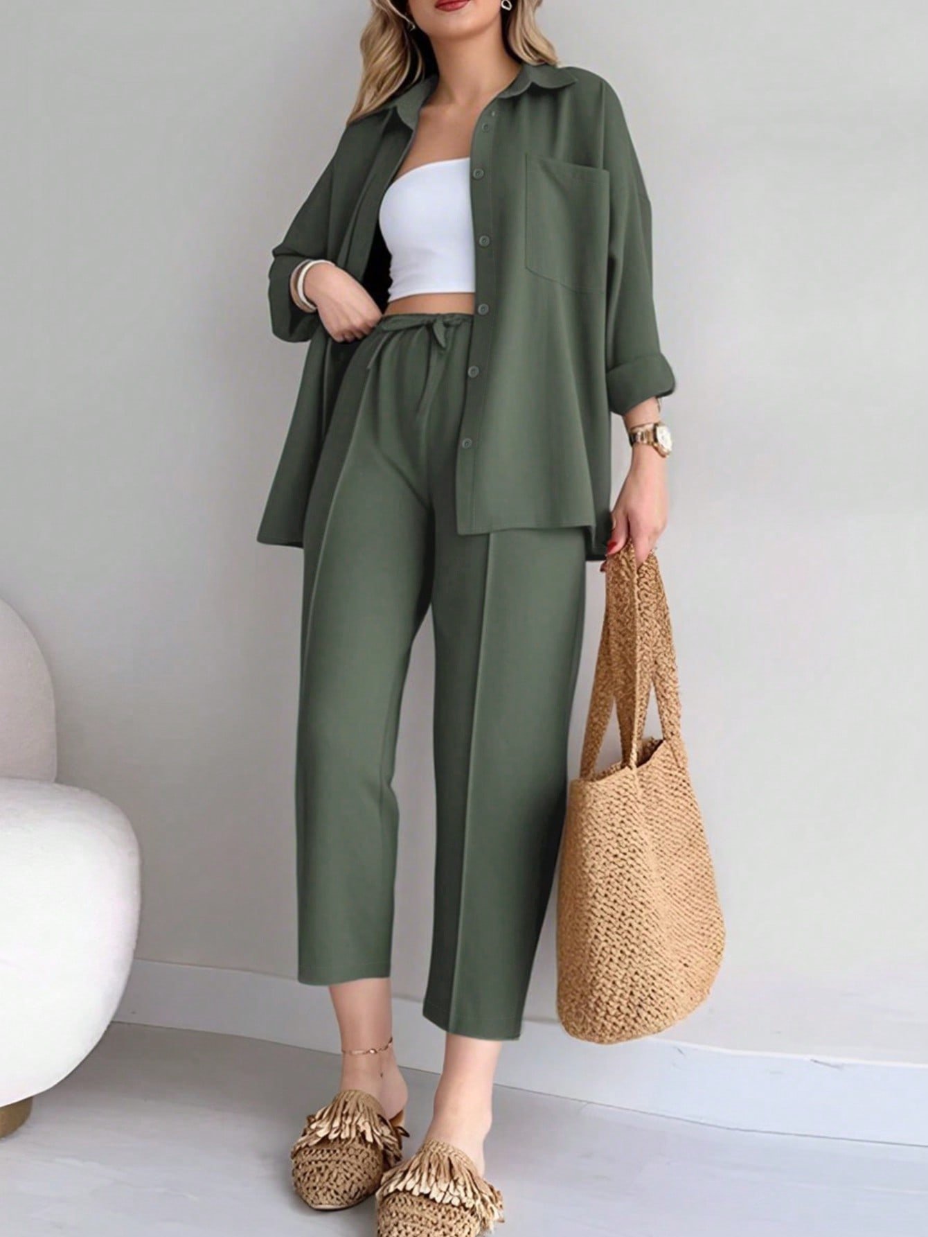 Elegant Polo Collar Cardigan & Wide-Leg Pants Co-ord Set - Image 3