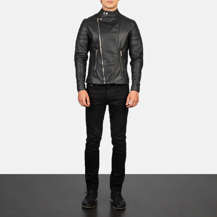 Men’s Faisor Black Leather Biker Jacket - Image 3