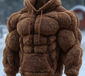 Men’s Vintage Warm Muscle Line Art Cozy Flannel Hooded Sweatshirt