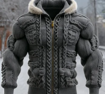 Vintage Viking Christmas Men’s Knitted Fur Collar Hooded Sweater