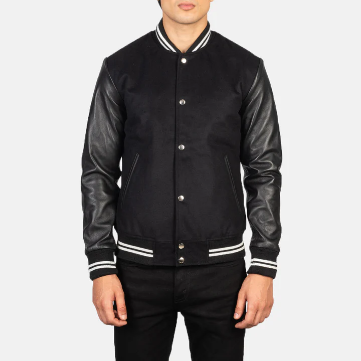 Men’s Vaxton Black Striped Hybrid Varsity Jacket - Image 2