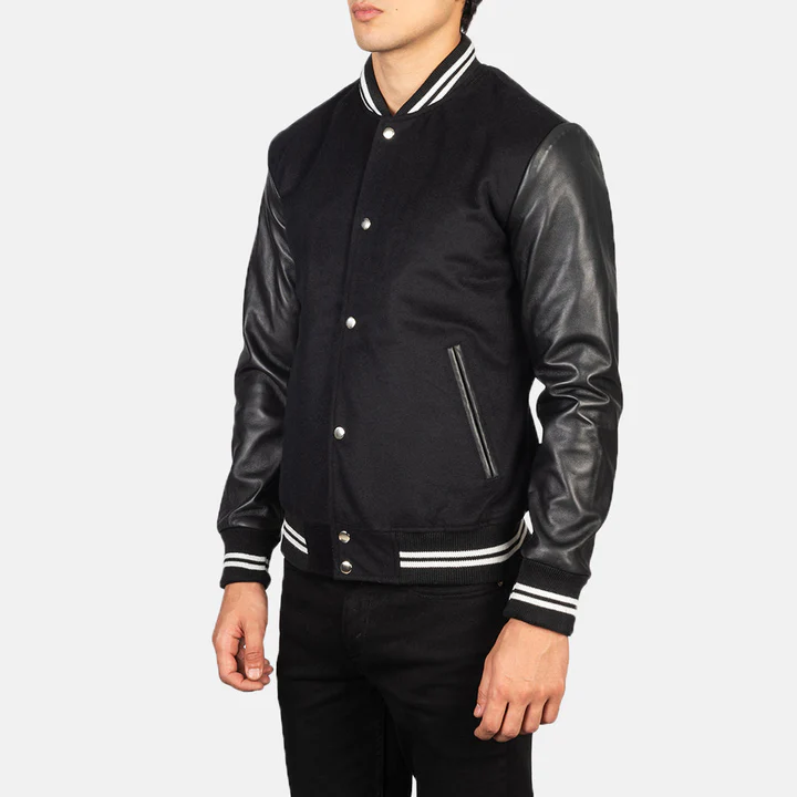 Men’s Vaxton Black Striped Hybrid Varsity Jacket - Image 3