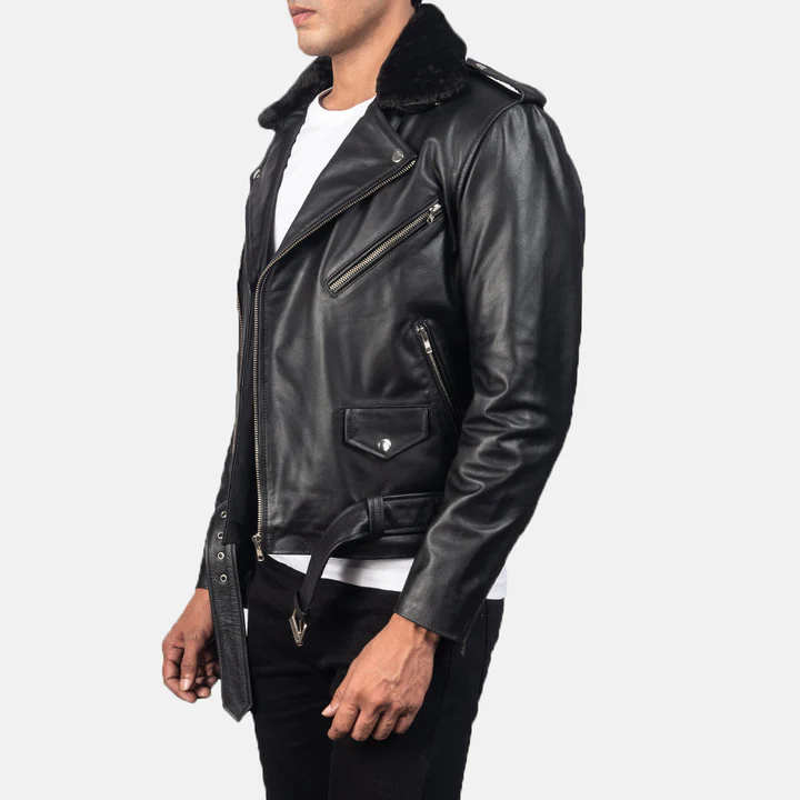 Men’s Furton Black Leather Biker Jacket - Image 2