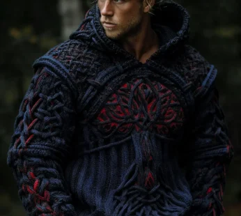 Men’s Vintage Celtic Christmas Tree Jacquard Art Cozy Hoodie