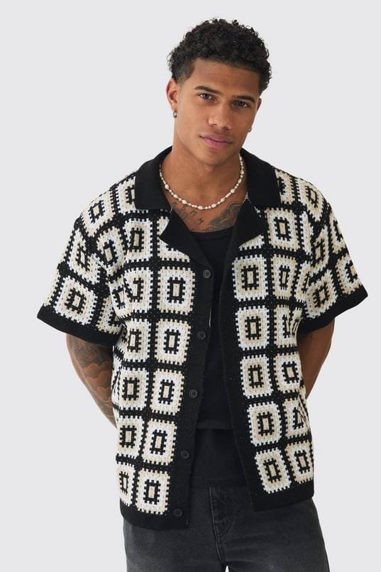 Oversized Boxy Crochet Knit Revere Shirt