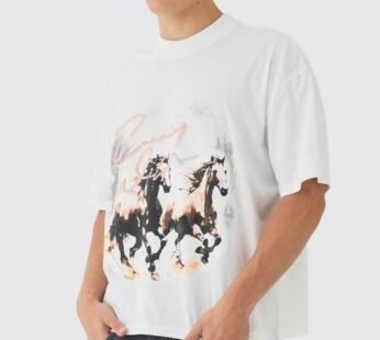 Oversized Boxy Extended Neck Horse Print T-Shirt