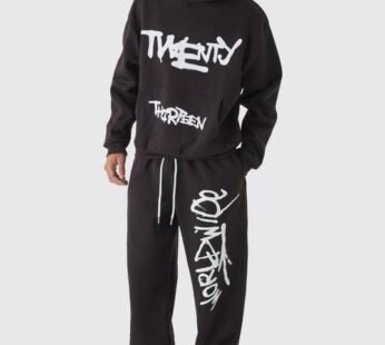 Oversized Boxy Spray Graffiti Print Split Hem Hooded Tracksuit