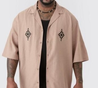 Plus Linen Embroidered Drop Revere Shirt In Taupe