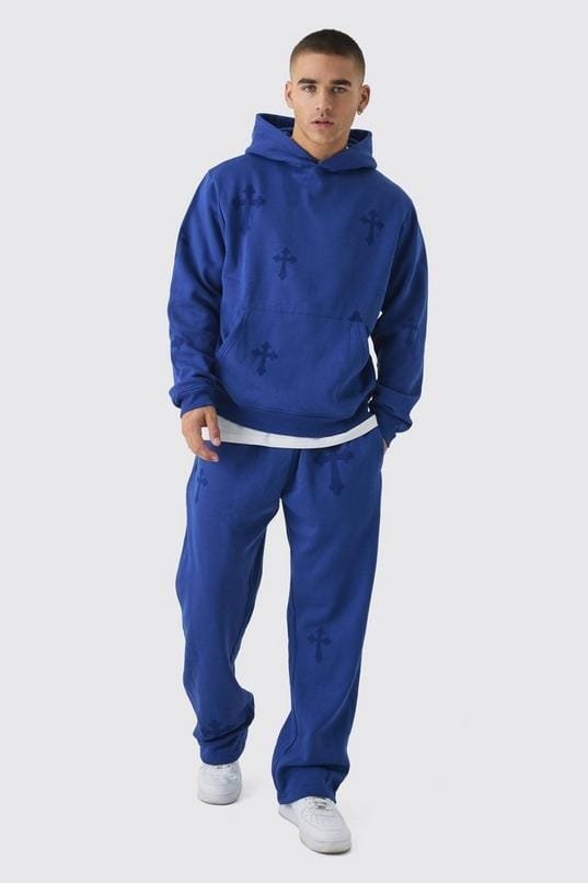Regular Fit Cross Printed Hooded Tracksuit