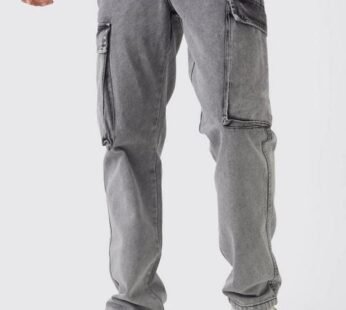 Straight Heavyweight Twill Acid Washed Cargo Trousers