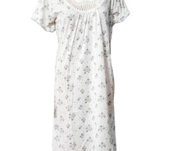 Stylish White Long Nighty With Grey Flower