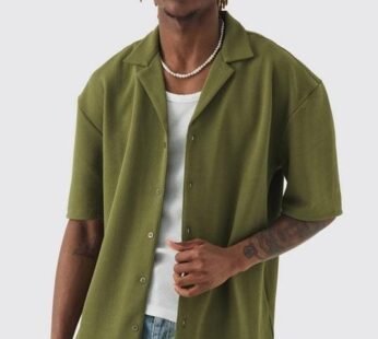 Tall Herringbone Detail Revere Shirt In Khaki