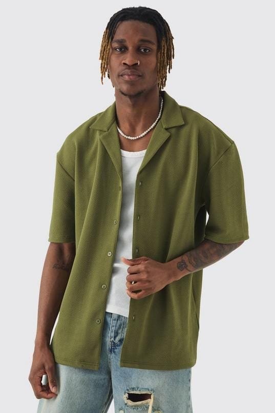 Tall Herringbone Detail Revere Shirt In Khaki
